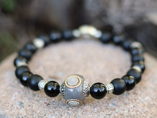 Black Agate Shiny and matte combined with Handmade Indonesia Bead and Tibetan Style Beads.  help you calm down