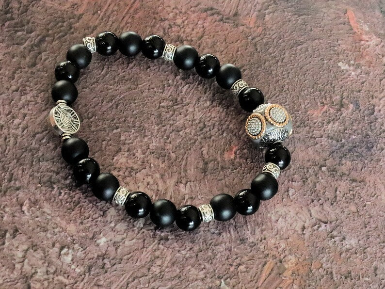 Black Agate Shiny and matte combined with Handmade Indonesia Bead and Tibetan Style Beads.  help you calm down