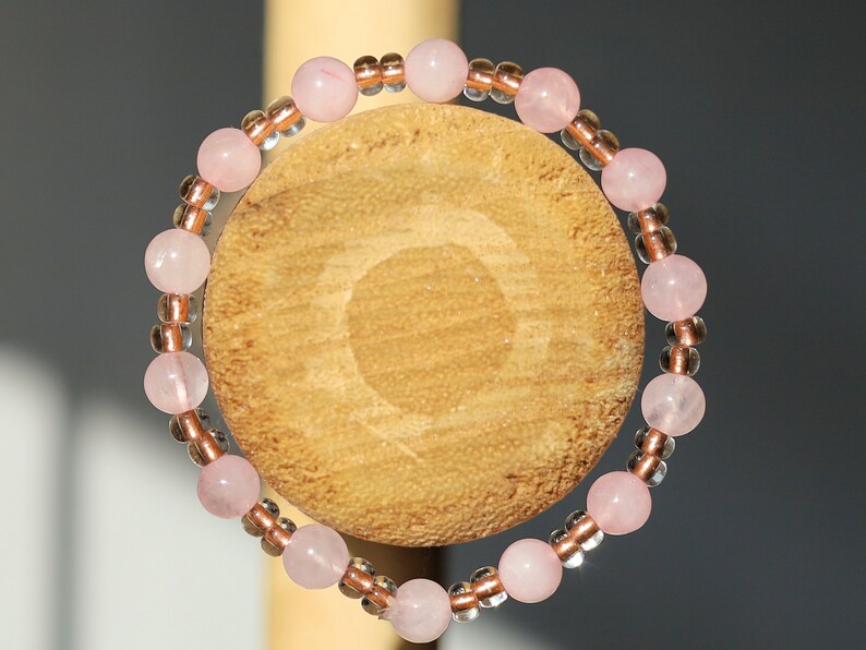 The Bāla Sagrahi Kids Collection. Children's Size 6 mm Rose Quartz Bracelet with Preciosa Rocailles Czech glass. Gift for Kids.