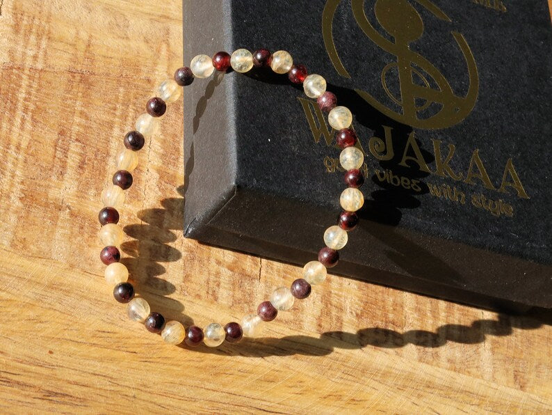 The Bāla Sagrahi Kids Collection. Children's Size Citrine 4 mm Gemstone Bracelet with 3mm Red Garnet beads. Gift for Kids.