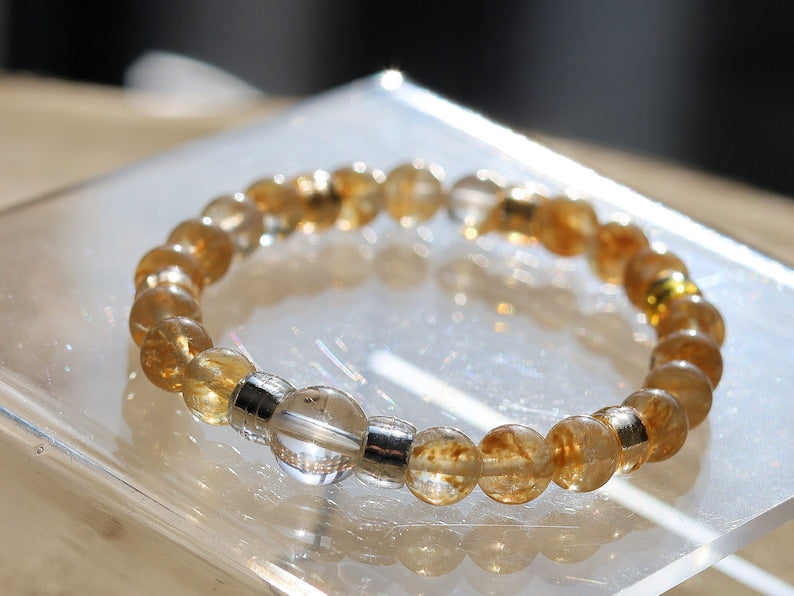 The Bāla Sagrahi Kids Collection. Children's Size Citrine 6 mm Gemstone Bracelet with Rock crystal  and acrylic Bead. Gifts for kids.