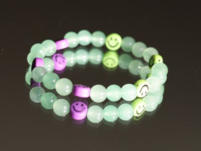 The Bāla Sagrahi Kids Collection. Children's Size Green Aventurine 6 mm Gemstone Bracelet with kids Emoji Beads. Gifts for kids!