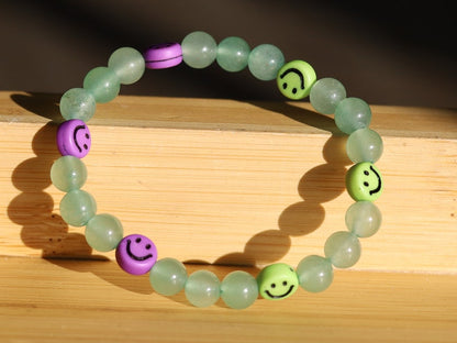 The Bāla Sagrahi Kids Collection. Children's Size Green Aventurine 6 mm Gemstone Bracelet with kids Emoji Beads. Gifts for kids!