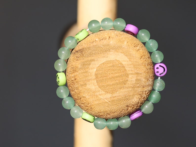 The Bāla Sagrahi Kids Collection. Children's Size Green Aventurine 6 mm Gemstone Bracelet with kids Emoji Beads. Gifts for kids!