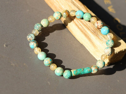 The Bāla Sagrahi Kids Collection. Children's Size  Turquoise Emperor Jasper 6 mm Gemstone Bracelet with 4mm Citrine beads.