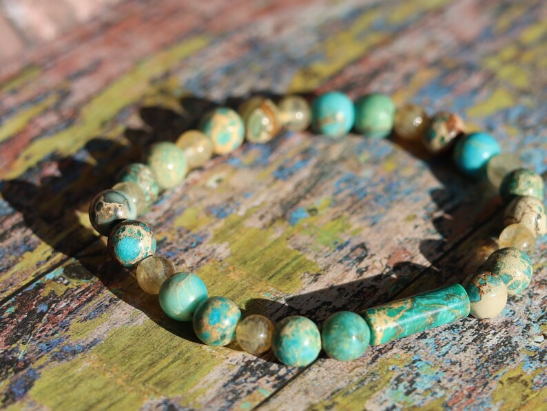 The Bāla Sagrahi Kids Collection. Children's Size  Turquoise Emperor Jasper 6 mm Gemstone Bracelet with 4mm Citrine beads.