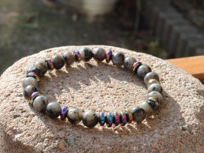 The Bāla Sagrahi Kids Collection. Children's Size 6 mm Labradorite Bracelet with Non-magnetic Synthetic Hematite. Gift for Kids.