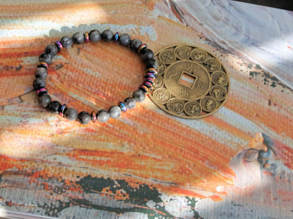 The Bāla Sagrahi Kids Collection. Children's Size 6 mm Labradorite Bracelet with Non-magnetic Synthetic Hematite. Gift for Kids.