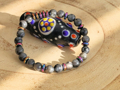 The Bāla Sagrahi Kids Collection. Children's Size 6 mm Labradorite Bracelet with Non-magnetic Synthetic Hematite. Gift for Kids.