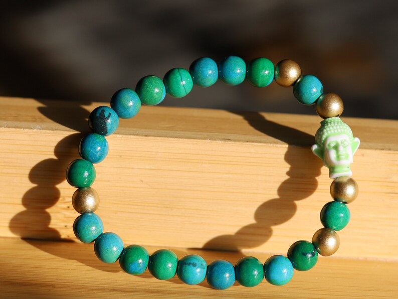 The Bāla Sagrahi Kids Collection. Children's Size Chrysocolla 6 mm Gemstone Bracelet with acrylic Bead Buddha. Gifts for kids!