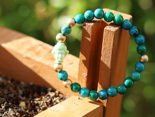 The Bāla Sagrahi Kids Collection. Children's Size Chrysocolla 6 mm Gemstone Bracelet with acrylic Bead Buddha. Gifts for kids!