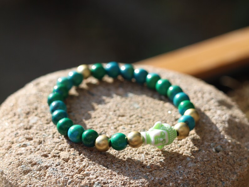 The Bāla Sagrahi Kids Collection. Children's Size Chrysocolla 6 mm Gemstone Bracelet with acrylic Bead Buddha. Gifts for kids!