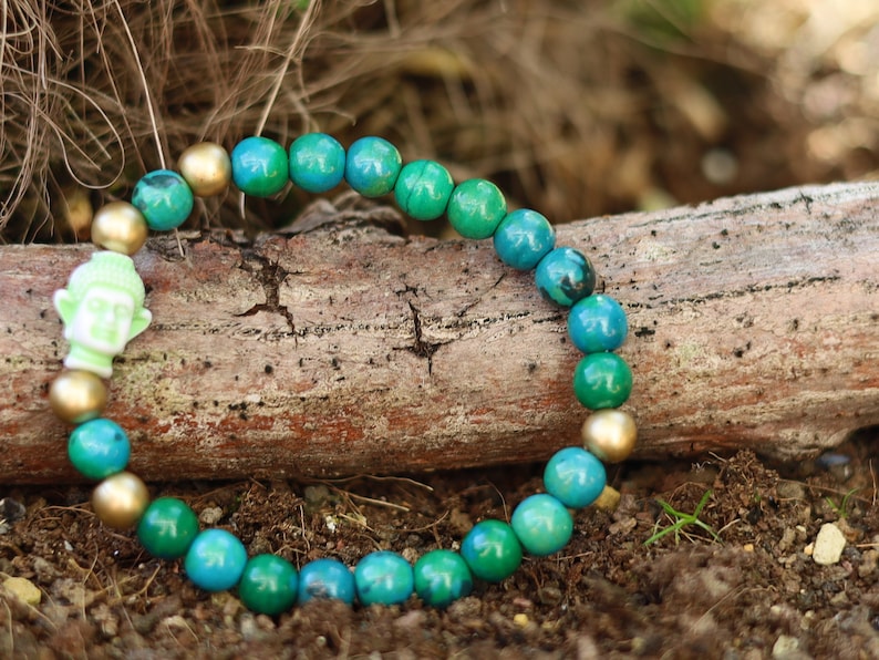The Bāla Sagrahi Kids Collection. Children's Size Chrysocolla 6 mm Gemstone Bracelet with acrylic Bead Buddha. Gifts for kids!