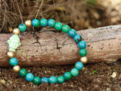 The Bāla Sagrahi Kids Collection. Children's Size Chrysocolla 6 mm Gemstone Bracelet with acrylic Bead Buddha. Gifts for kids!