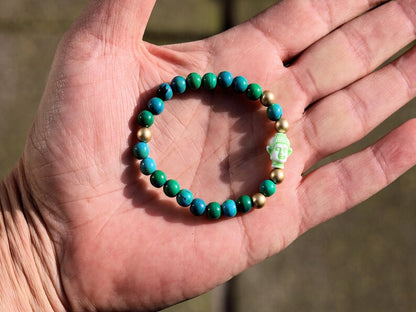 The Bāla Sagrahi Kids Collection. Children's Size Chrysocolla 6 mm Gemstone Bracelet with acrylic Bead Buddha. Gifts for kids!