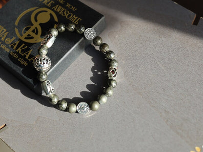 Mixed reli, Natural Pyrite Beads bracelet with beautiful Tibetan Style Alloy Human Face Beads and Jesus and Latin Cross.