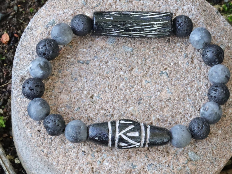 Natural stone beads labradorite 8mm Anthracite matte combined with Lava beads and 2 beautiful handmade handmade clay  Adora beads.