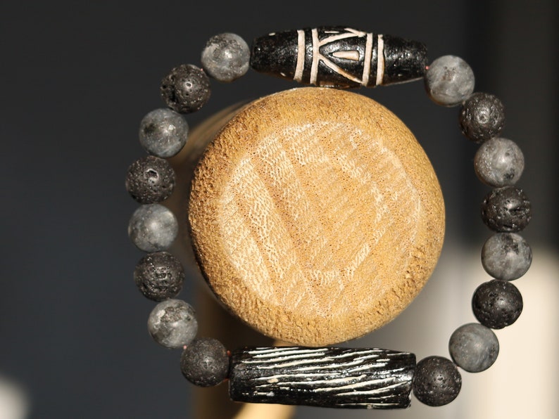 Natural stone beads labradorite 8mm Anthracite matte combined with Lava beads and 2 beautiful handmade handmade clay  Adora beads.