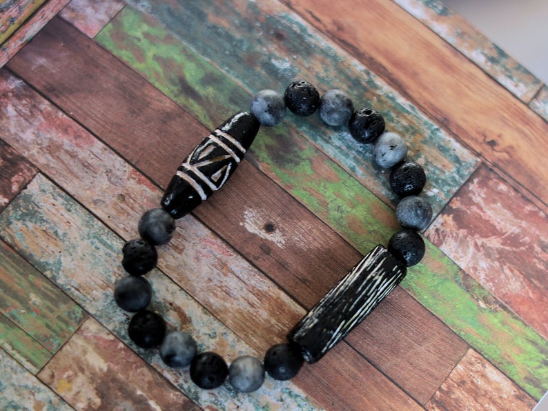 Natural stone beads labradorite 8mm Anthracite matte combined with Lava beads and 2 beautiful handmade handmade clay  Adora beads.