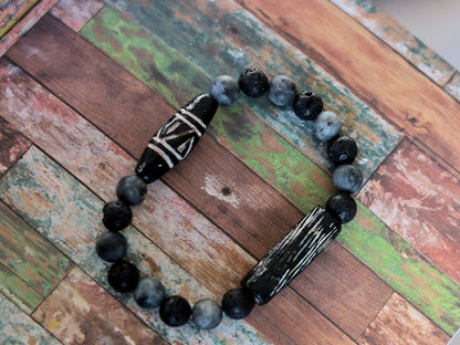 Natural stone beads labradorite 8mm Anthracite matte combined with Lava beads and 2 beautiful handmade handmade clay  Adora beads.