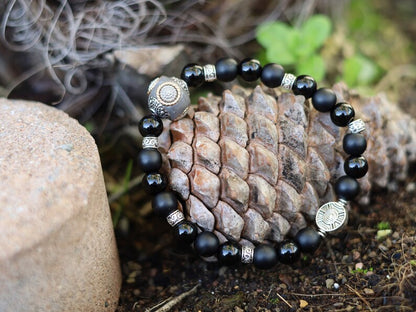 Black Agate Shiny and matte combined with Handmade Indonesia Bead and Tibetan Style Beads.  help you calm down