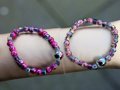 Summer set BRACELETS. 2x Holographic beads with Colour sparkling Glass beads and Fashionable cube Glass beads.