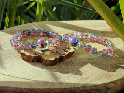 Summer set BRACELETS. Holographic beads with Colour sparkling Glass beads and hexagon holographic glass beads.