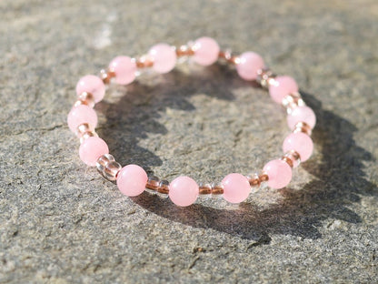The Bāla Sagrahi Kids Collection. Children's Size 6 mm Rose Quartz Bracelet with Preciosa Rocailles Czech glass. Gift for Kids.