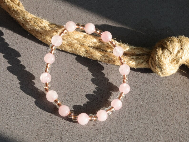 The Bāla Sagrahi Kids Collection. Children's Size 6 mm Rose Quartz Bracelet with Preciosa Rocailles Czech glass. Gift for Kids.