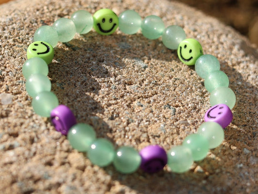 The Bāla Sagrahi Kids Collection. Children's Size Green Aventurine 6 mm Gemstone Bracelet with kids Emoji Beads. Gifts for kids!