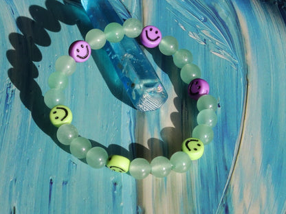The Bāla Sagrahi Kids Collection. Children's Size Green Aventurine 6 mm Gemstone Bracelet with kids Emoji Beads. Gifts for kids!