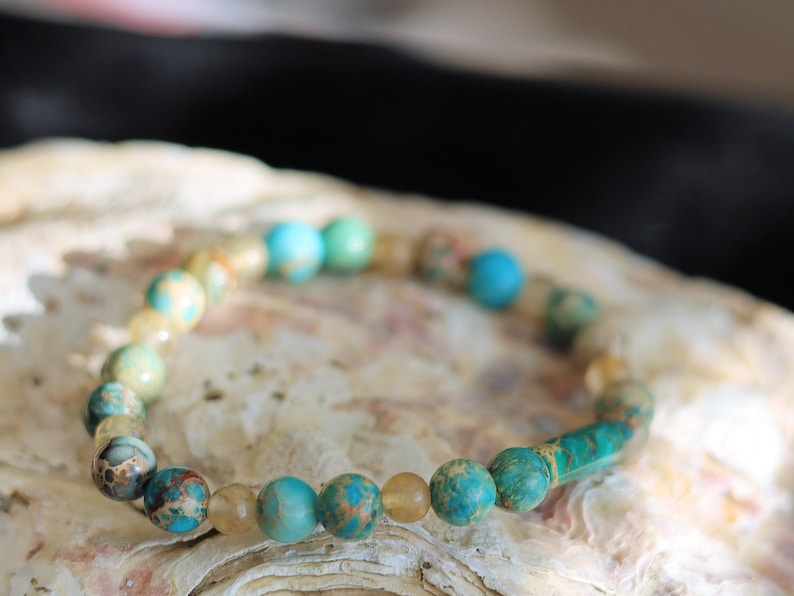 The Bāla Sagrahi Kids Collection. Children's Size  Turquoise Emperor Jasper 6 mm Gemstone Bracelet with 4mm Citrine beads.