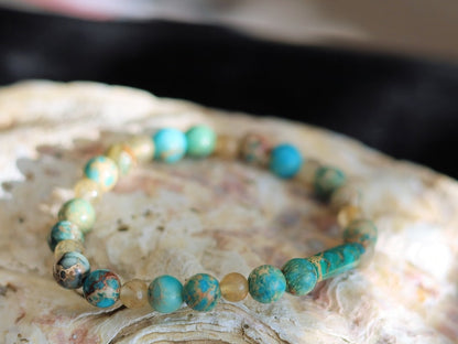 The Bāla Sagrahi Kids Collection. Children's Size  Turquoise Emperor Jasper 6 mm Gemstone Bracelet with 4mm Citrine beads.