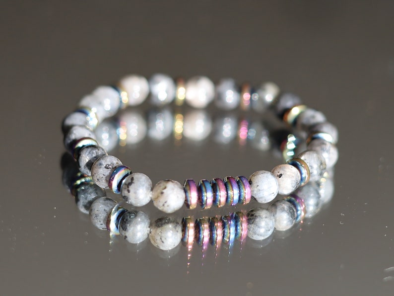 The Bāla Sagrahi Kids Collection. Children's Size 6 mm Labradorite Bracelet with Non-magnetic Synthetic Hematite. Gift for Kids.