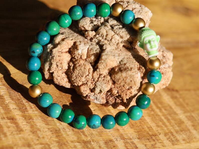 The Bāla Sagrahi Kids Collection. Children's Size Chrysocolla 6 mm Gemstone Bracelet with acrylic Bead Buddha. Gifts for kids!