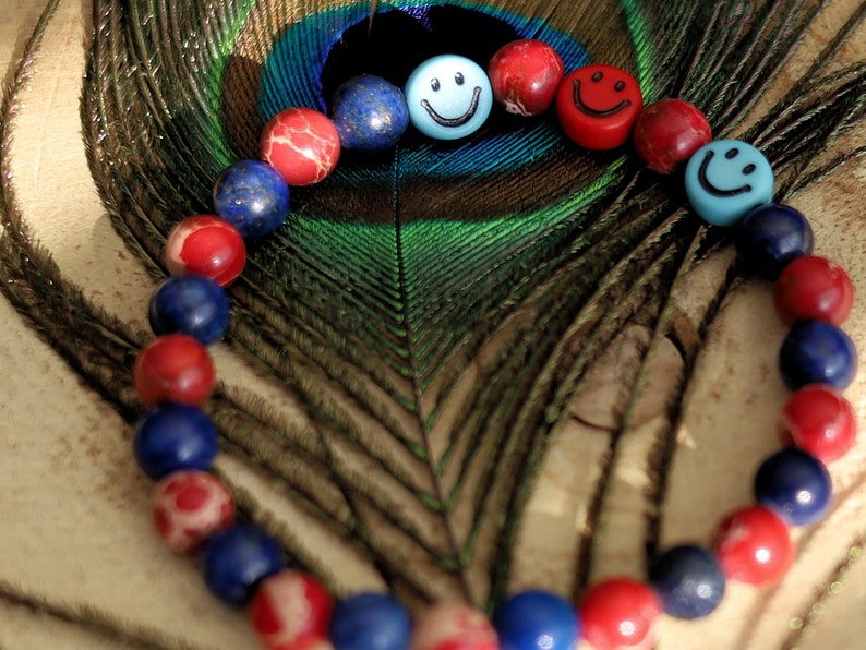 The Bāla Sagrahi Kids Collection. Children's Size Red Emperor Jasper 6 mm Gemstone Bracelet with Lapis Lazuli and Emoji Beads
