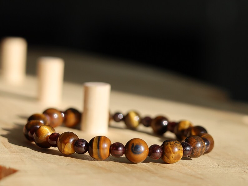 The Bāla Sagrahi Kids Collection. Children's SizeTiger eye 6 mm Gemstone Bracelet with 4mm Red Garnet. Gift for kids.