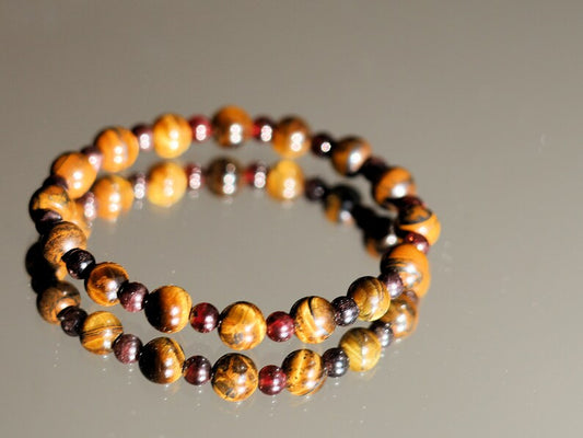 The Bāla Sagrahi Kids Collection. Children's SizeTiger eye 6 mm Gemstone Bracelet with 4mm Red Garnet. Gift for kids.