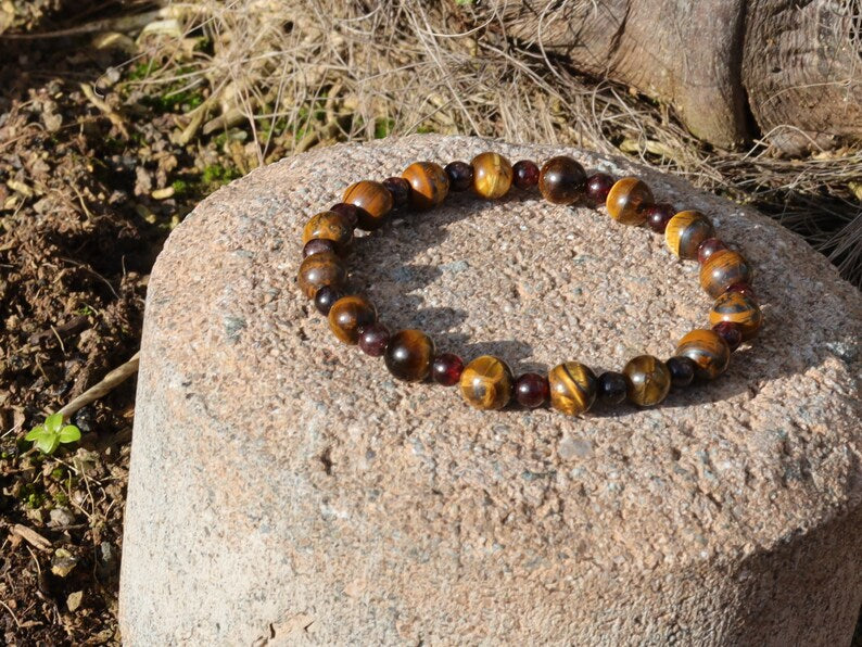 The Bāla Sagrahi Kids Collection. Children's SizeTiger eye 6 mm Gemstone Bracelet with 4mm Red Garnet. Gift for kids.