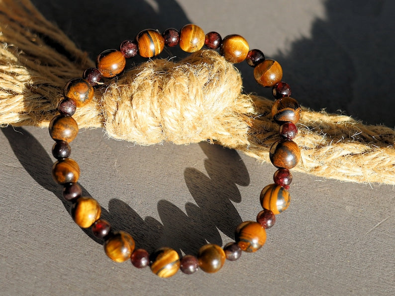 The Bāla Sagrahi Kids Collection. Children's SizeTiger eye 6 mm Gemstone Bracelet with 4mm Red Garnet. Gift for kids.