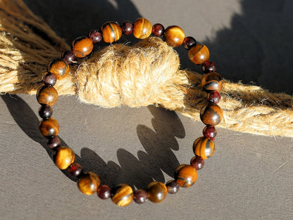 The Bāla Sagrahi Kids Collection. Children's SizeTiger eye 6 mm Gemstone Bracelet with 4mm Red Garnet. Gift for kids.