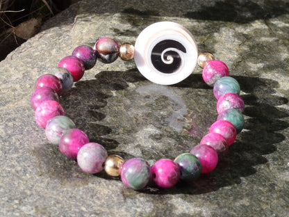 Colorful Persian Jade Round Loose Beads with Shell pendant circles black and Acrylic Metallook round Beads Gold. Unique!