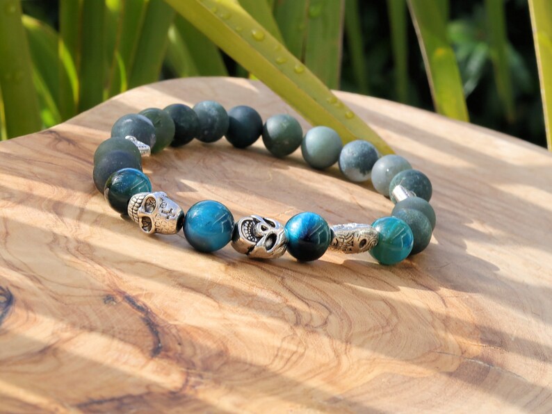Trio faces bracelet Moss Agate stones and amazing 3x spacer tribal heads. seeking forgiveness, or finding love!