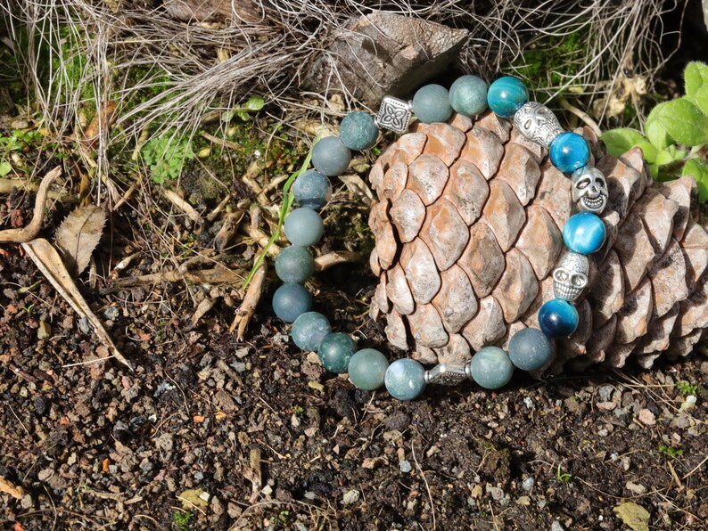 Trio faces bracelet Moss Agate stones and amazing 3x spacer tribal heads. seeking forgiveness, or finding love!