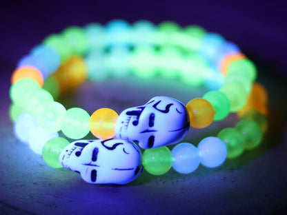 Bracelet 1 &2 - Luminous Acrylic Beads, different glow in the dark colors combined with UV Reactive Skull Beads.