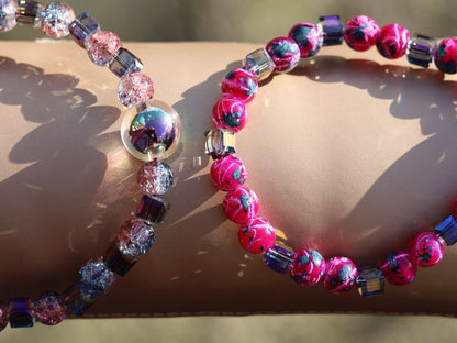 Summer set BRACELETS. 2x Holographic beads with Colour sparkling Glass beads and Fashionable cube Glass beads.