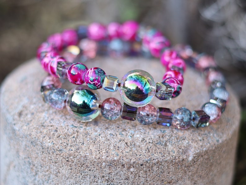 Summer set BRACELETS. 2x Holographic beads with Colour sparkling Glass beads and Fashionable cube Glass beads.