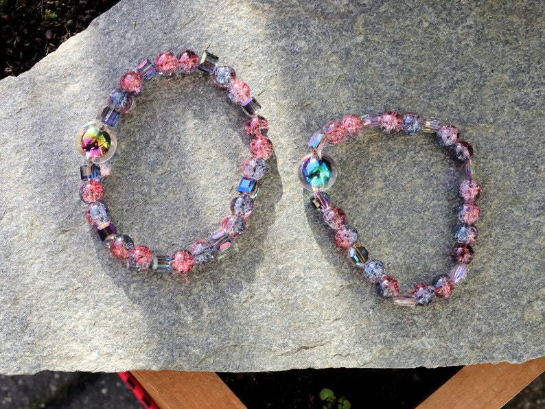 Summer set BRACELETS. Holographic beads with Colour sparkling Glass beads and hexagon holographic glass beads.
