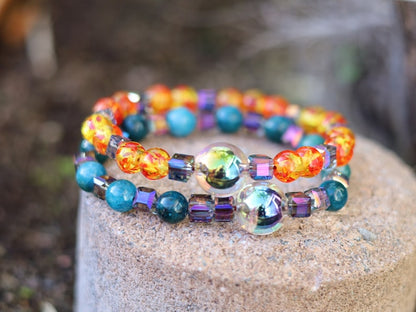 Summer set BRACELETS. 2x Holographic beads with Natural Apatite gemstone beads. Colour sparkling Glass beads