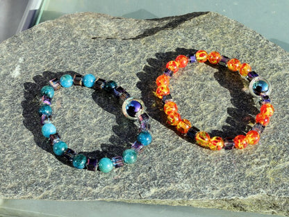 Summer set BRACELETS. 2x Holographic beads with Natural Apatite gemstone beads. Colour sparkling Glass beads
